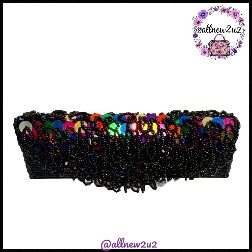 Beaded Sequin Evening Special Occasion Clutch Handbag with Shoulder Strap - Picture 9 of 12
